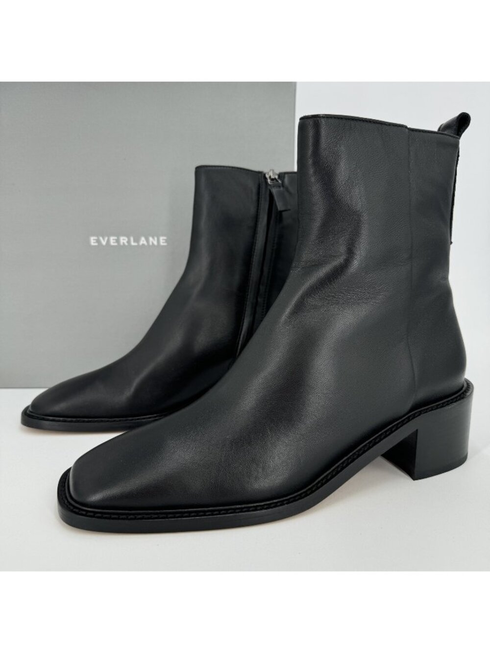 Everlane The City Boot in Black Leather sz 8 Women's Side Zip Block Heel Ankle